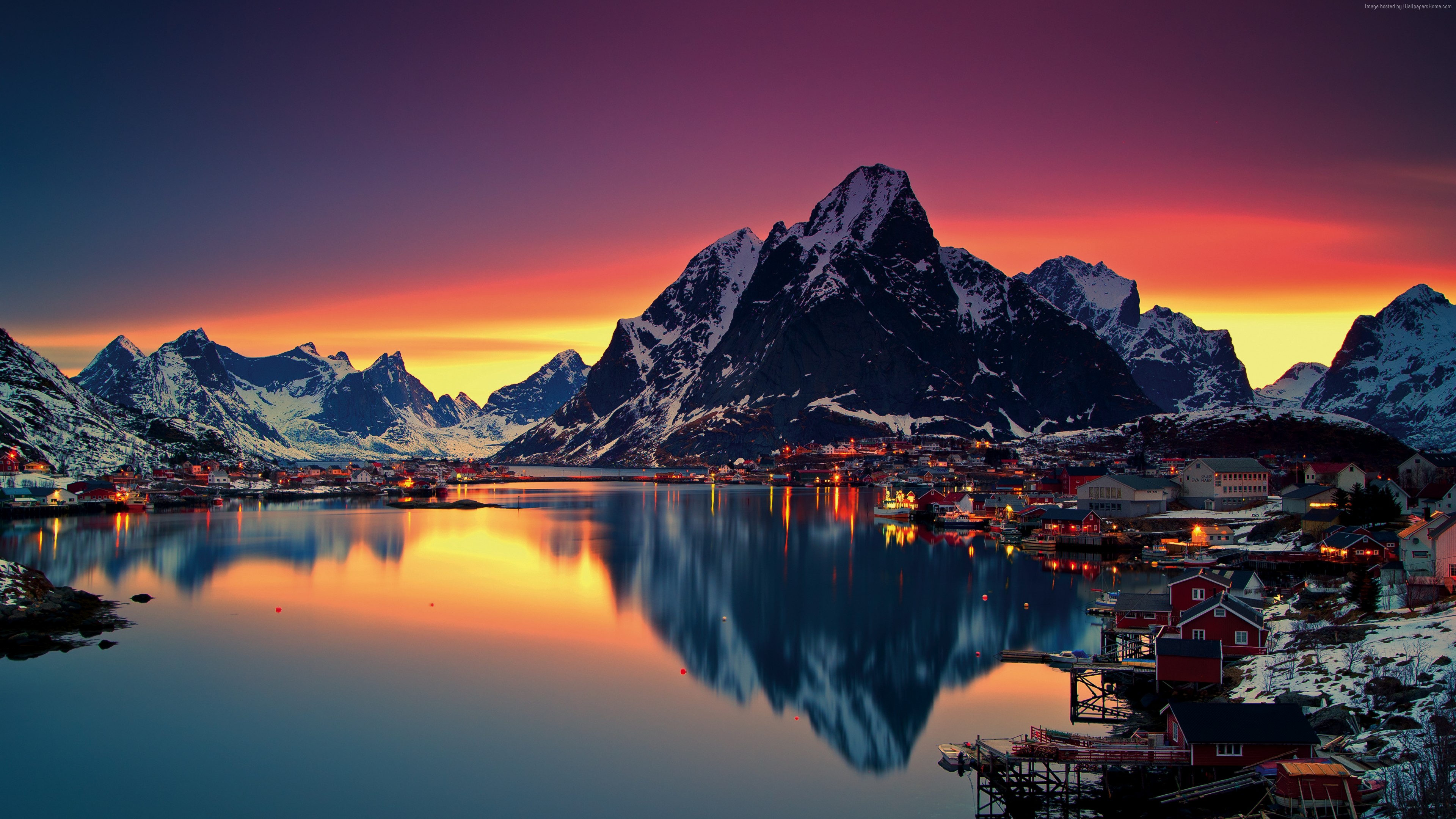 Wallpaper Norway, Lofoten islands, Europe, Mountains, sea, sunrise, 5k, Nature